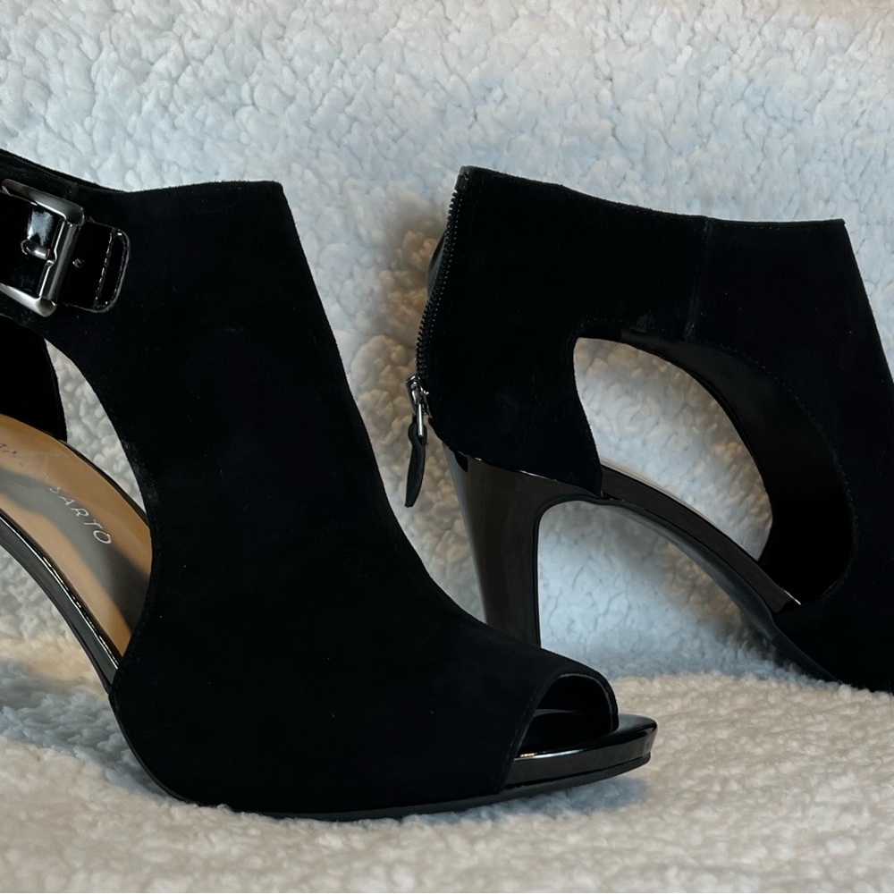 Franco Sarto Black Suede Heels with Buckle and Zipper Heel